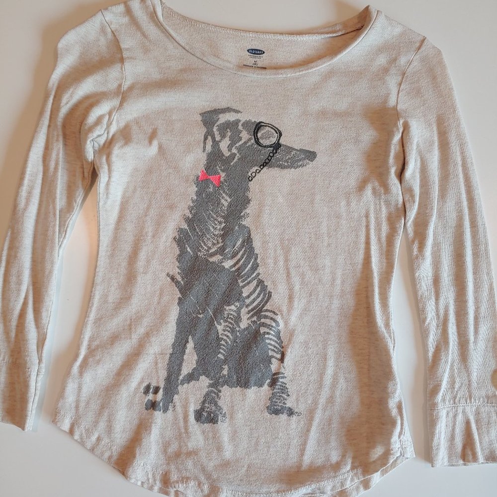 Old Navy | Oatmeal Long Sleeve Tee Shirt with Large Dog Wearing Eyeglasses | M